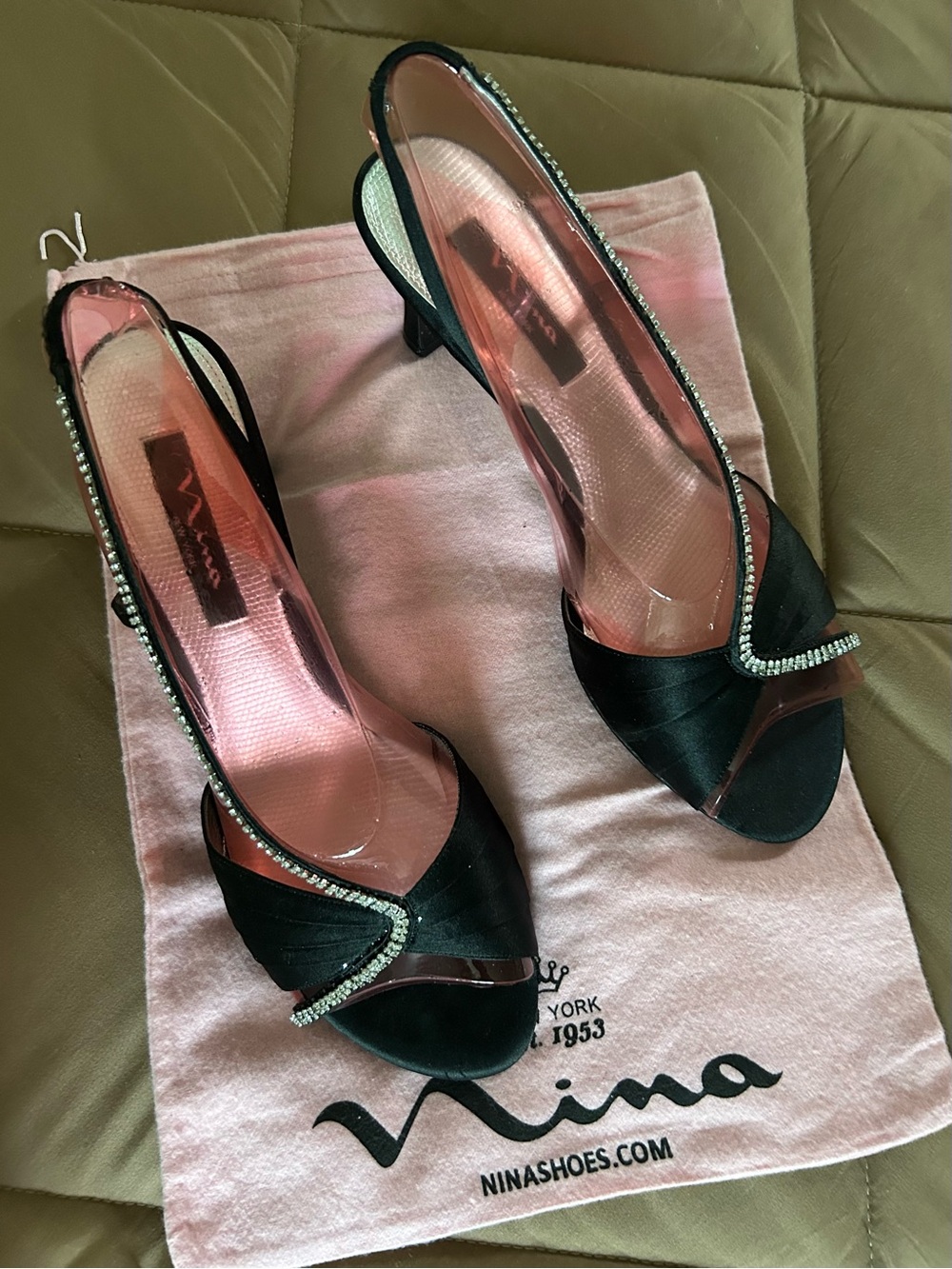 Nina Black Satin Slingbacks with Pink Lined Insoles and Rhinestone Trim